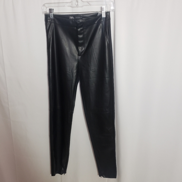 Zara, Black, Faux Leather Pants, Zipper on ankles, Unhemmed - Picture 3 of 9